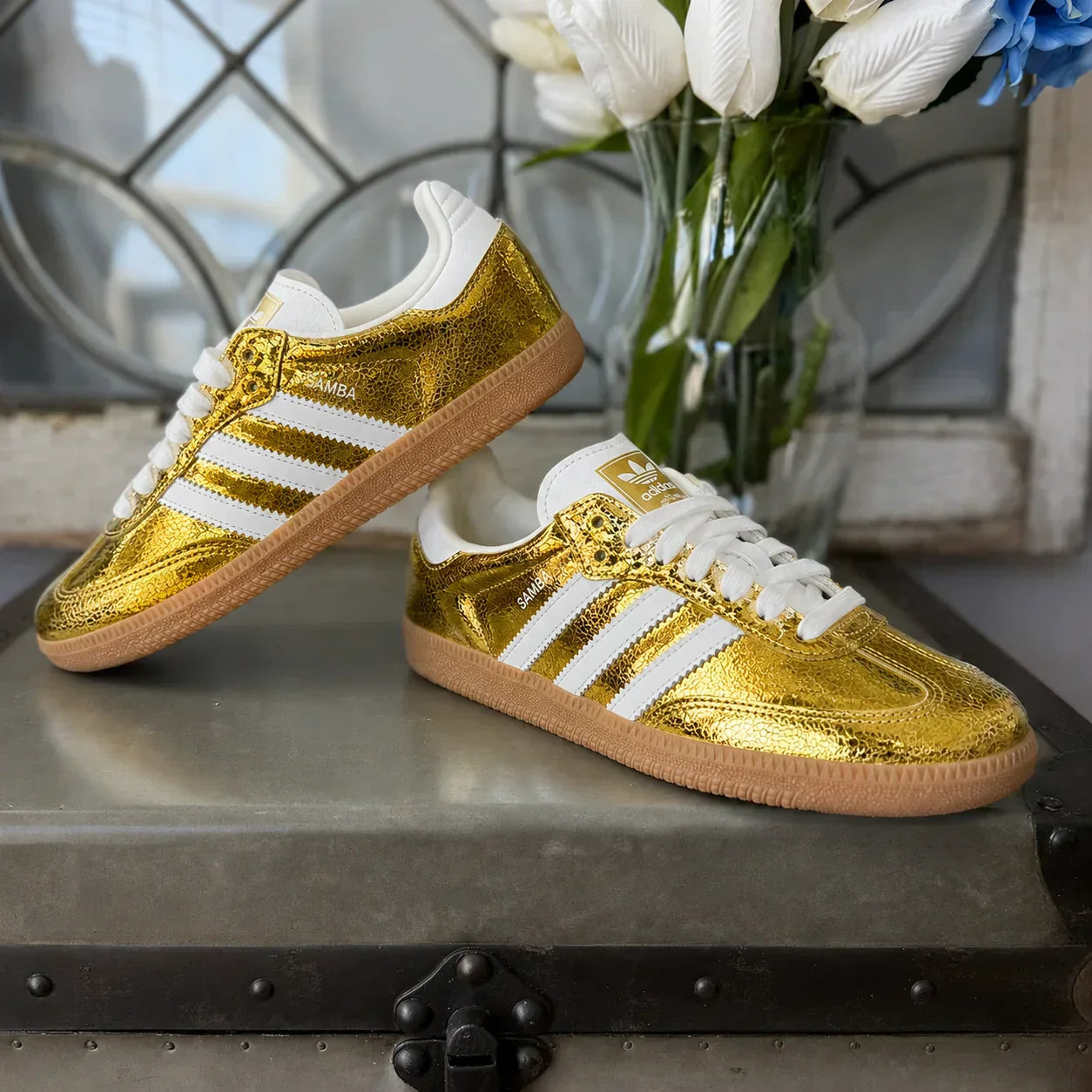 AD Samba OG Women's Gold Metallic Cracked Leather Sneakers
